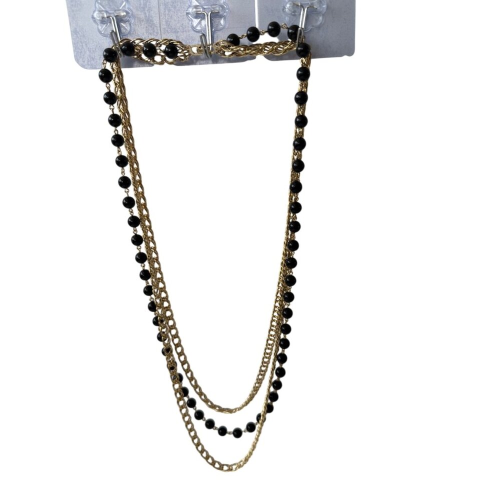 Vintage Layered Necklace Black Beads Gold ToneChain Mother or Grandmother Gift